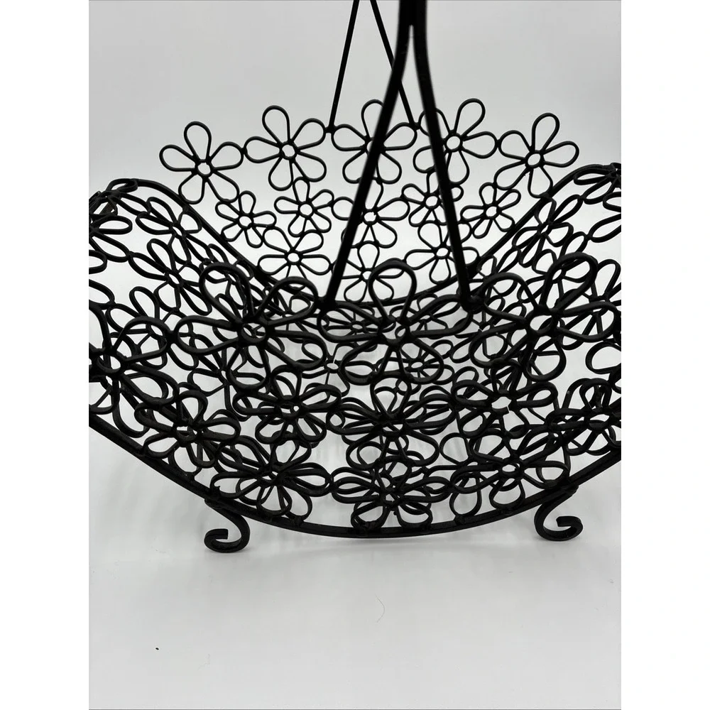 Black Metal Floral Wire Basket Daisy Cutout Decorative Handle Cottagecore MCM